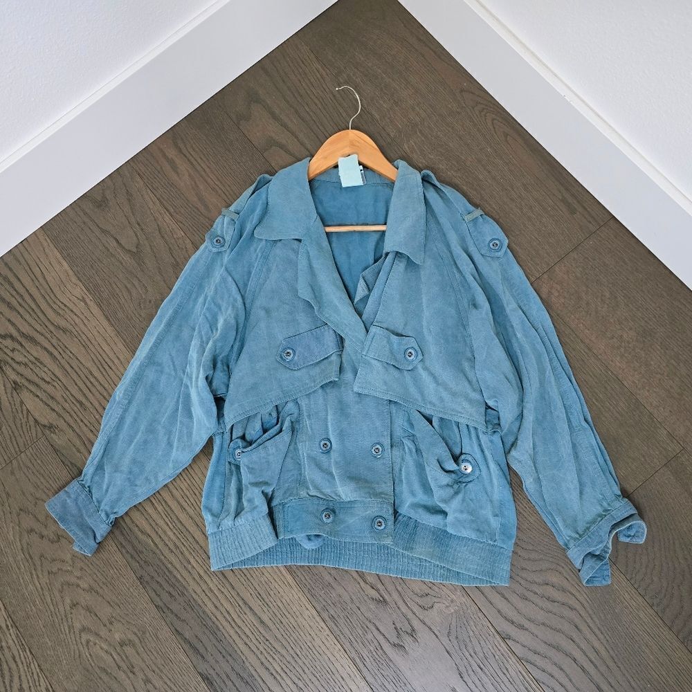 Vintage 80s Double Breasted Utility Cargo Loose Jacket in Storm Blue
